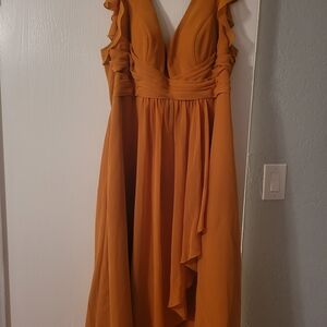 Azazie Mustard V-Neck Ruffle Maxi Dress
